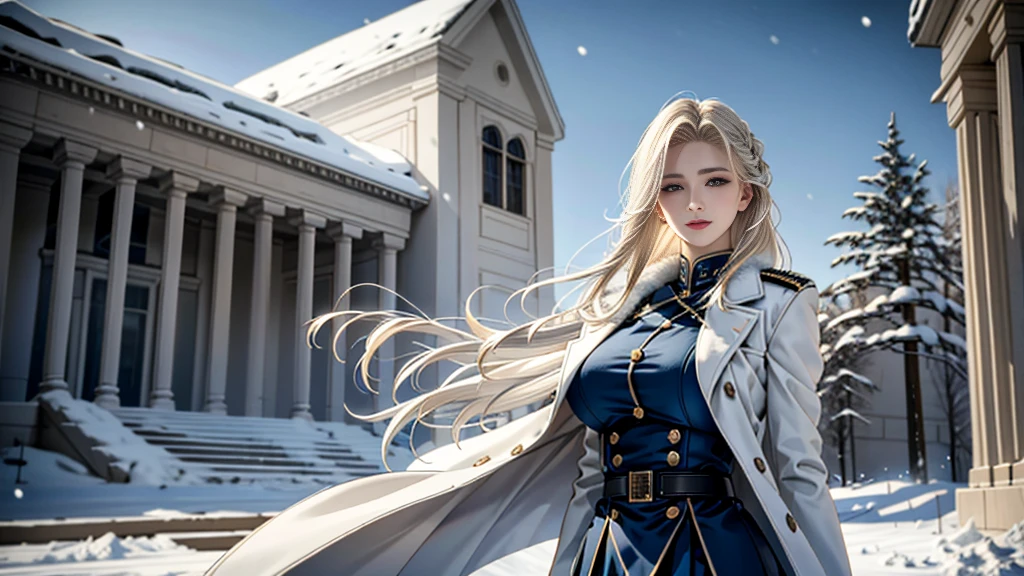 (highest resolution, distinct_image), realistic, Best quality, single person, one girl, solo, (((masterpiece))), (((high detailed eyes))), long hair, braided white blond hair, (blue military uniform underneath the coat), depth of field, (falling snow), ((big breasts)), authoritative, dignified, calm and powerful expression, ambient lighting, exquisite facial feature, ((fur-trimmed white coat)), open coat, short skirt, looking at viewer, head to waist, dynamic angle, light smile, ((from front)), ((quiet and spacious plaza in background))