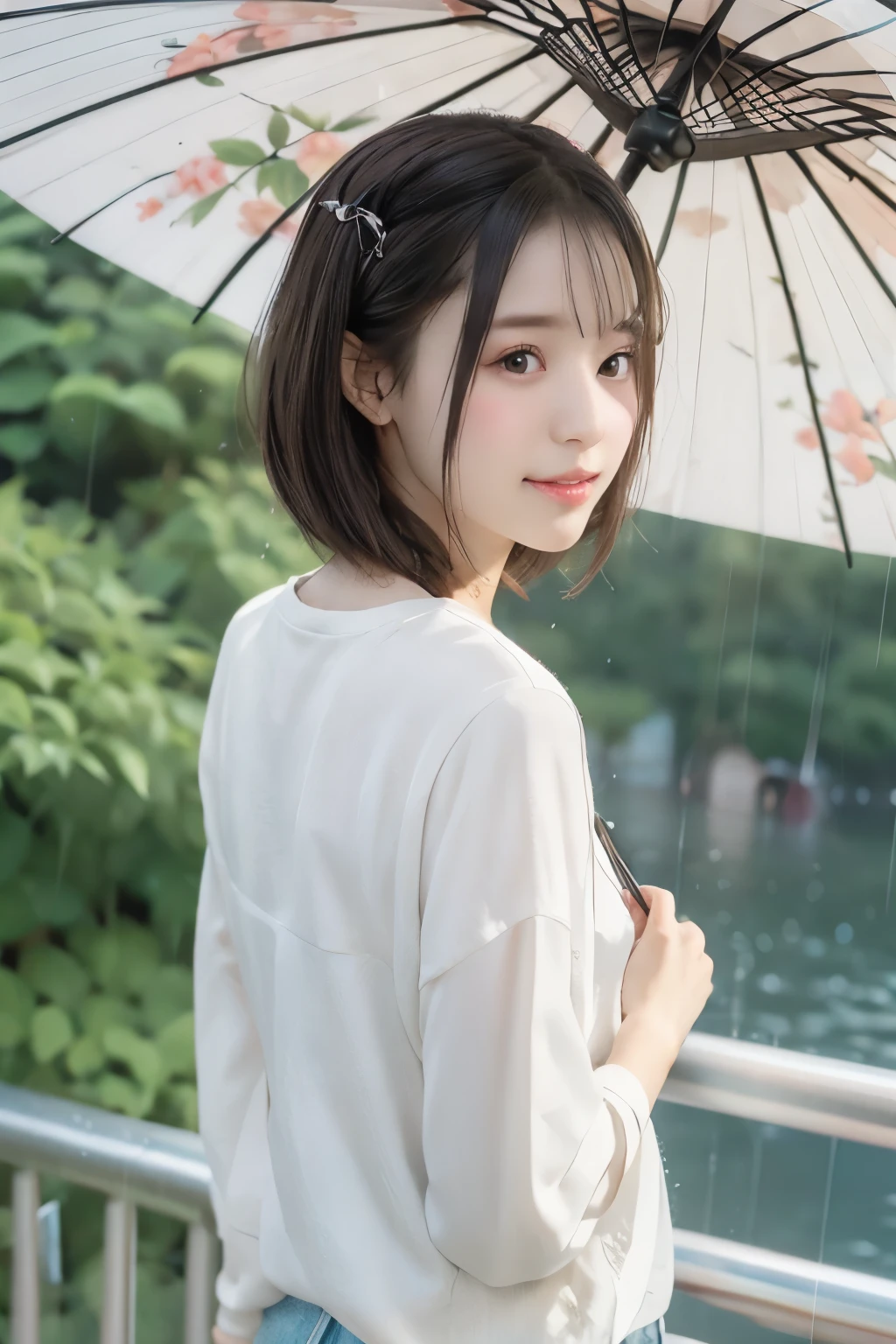 8K, RAW Photo, Best Quality, Masterpiece, Realistic, PhotoRealistic, Extremely Detailed 8K Wallpaper, Beautifully Detailed Eyes, Finely Detailed Face, 
 BREAK 
Cinematic Lighting, 
 BREAK 
Concentrated Heavy Guerrilla Rainstorming School:1.2, 
 BREAK 
Perfectly Anatomically Correct:1.2, 5 Beautiful Thin Finger:1.0, 
 BREAK 
1 Girl, Kawaii:1.2, (Hand Holding paper umbrella:1.2), 
Evil Grin:1.0, Open Mouse:1.0, 
(Very Short Bob Cut:1.2, Forehead:1.2), 
Symmetrical Clear Eyes:1.0, Captivating Eye Reflections:1.0, Chocolate Color Eyes, Wide-Set Eyes, Tareme, 
Embarrassed, Blush, (Round Face, Round Chin), [White Skinned], 
Brown Hair, Wet Hair, High-teen, 
(Wearing White T-shirt:1.0, Micro Denim Booty Shorts:1.0), 
Beautiful Ideal Spherical Shape Buttocks:1.0, Medium Buttocks Upturned:1.0, 
[Lean Forward:1.0], 
Looking Back Viewer, [Soaked from Rain Water], 
 BREAK 
SFW:1.0, 
 BREAK 
(Low Angle Shot:1.2, Distant View:1.0), from Bellow, from Behind, from Right Side, Face Focus, Bokeh:1.2