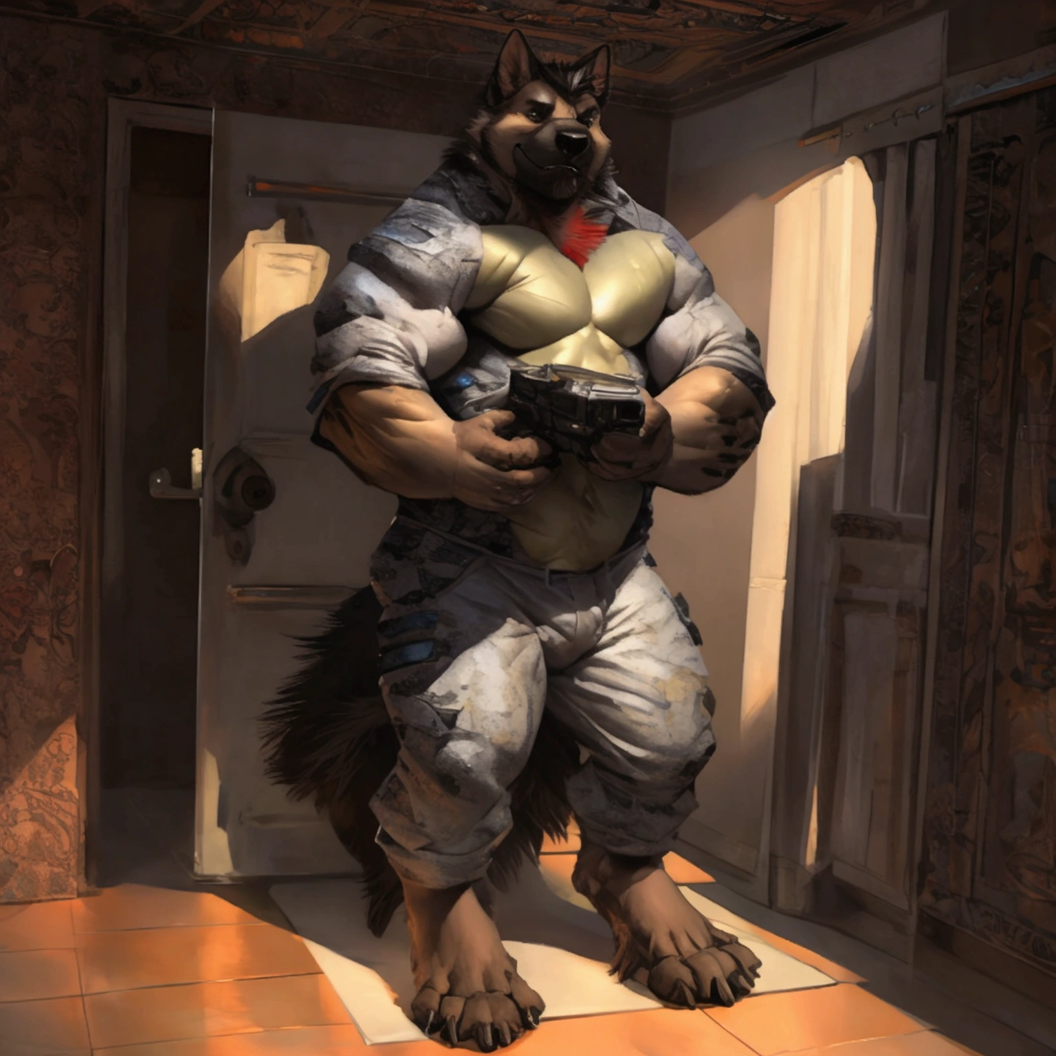 furry, anthro, border-collie, realistic canine penis:1.3, canine penis:1.8, canine penis:1.2, (he is wearing stealth military black clothes with military black vest:1.6), realistic canine penis, big flaccid testicles:1.4), super detailed, detailed face, best art, 8k, vibrant, by snowskau:0.4, by taran fiddler:1.8, by RedRusker:1.8, art stile, 3D, half body, halfbody