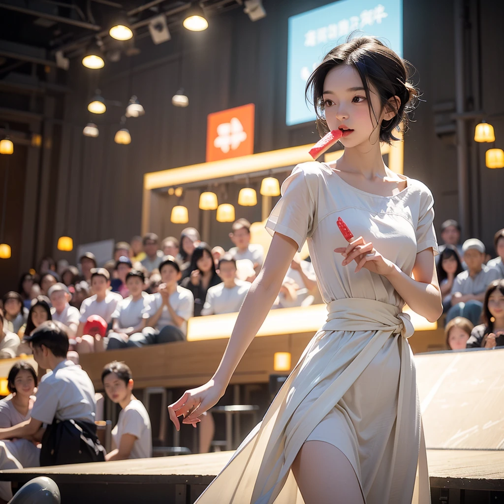 (((best quality))),(((ultra detailed))),(((masterpiece))),illustration,((1 beautiful girl,solo)),((slim,thin)),((small breasts,flat chest)),summer night,metropolis,barbecue joint,humble,vibrant energy,city that never sleeps,(short ponytail:1.2),(((female orgasmic,blush))),(sweat:1.3),(shiny skin:1.5),(sheer apron:1.3),((bare shoulders,bare arms)),(gloves:1.3),((slender legs,sneakers)),lightweight,practicality,style,sizzling hot grill,smooth,tanned skin,soft glow,skillfully,skewers,meat,intense concentration,bright eyes,alert,passion for work,atmosphere,vibrant,dynamic,laughter,conversation,sizzle,crackle,aromatic scent,tinged,radiant smile,genuine enjoyment,easy manner,warm presence,community,dedication,beauty in simplicity,midst of bustling city streets,outdoor,midnight,((from front,full body)),(surrounded by crowded crowds:1.3)