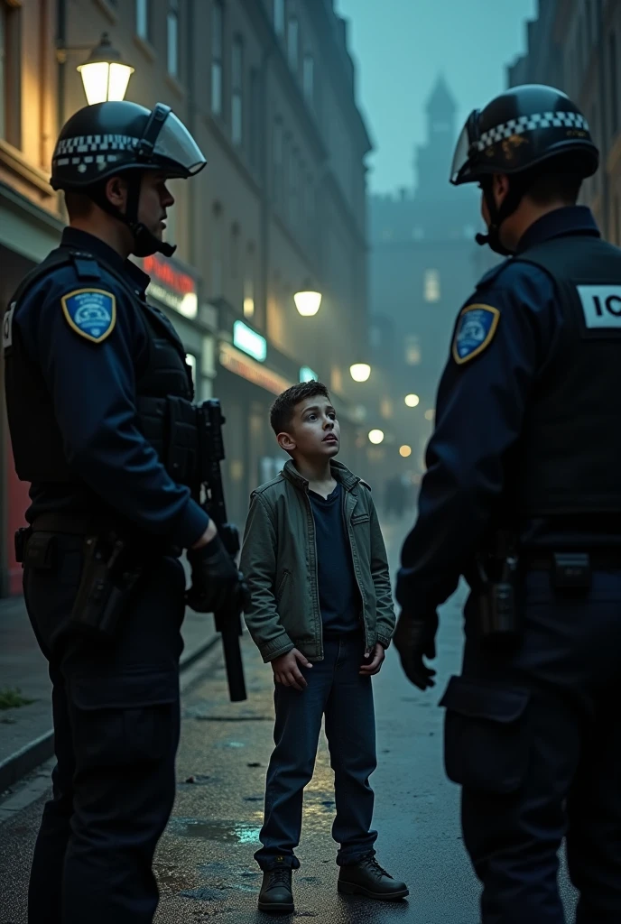 Teen Boy wearing blue jacket and black pants brown shoes handcuffs while police officer escorts boy to police car