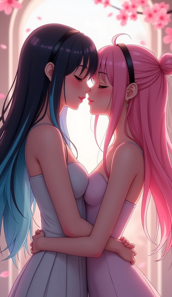 masterpiece, best quality, highres, 2girls, yuri, (kiss:1.4), (french kiss), blush, closed eyes, (tongue), (saliva), (groping), hand on breast