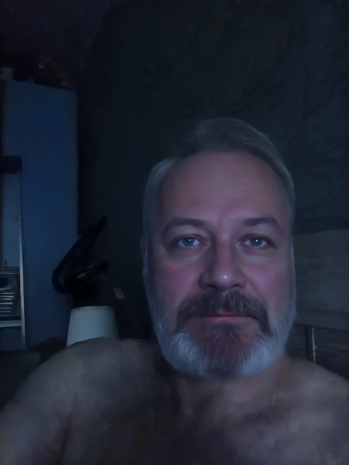 A naked mature man with glasses gray beard masturbating