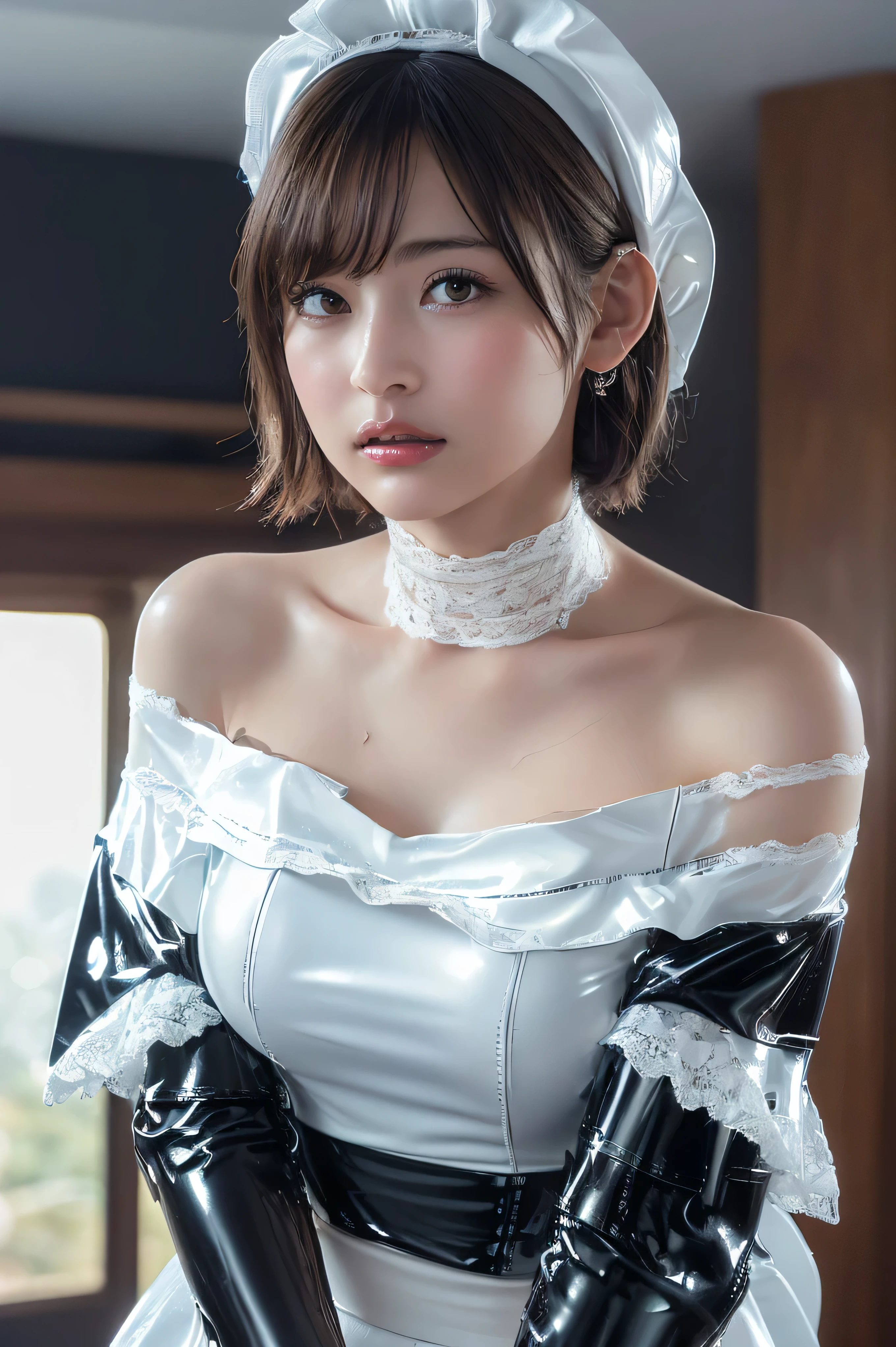 Accurate depiction with high resolution,(8K, Photorealistic, Raw photo, of the highest quality: 1.3), (1girl in), Super beautiful, (Realistic face), (boyish, Silver Color Berry Shorthair), Beautiful , Glare that captivates the viewer, Beautiful expression, Beautiful breasts, (Realistic skin), Be...Super high quality, super high definition, super detailed, masterpiece, 20years old, female, cute, perfect face, beautiful, nice body, gothic lolita clothes, gothic lolita fashion, frilly skirt, headdress, necklace, bracelet, knee-high socks, boots, double eyelids, tear bags, Detailed down to the fingers, photo-like description, indoors, dim indoor lighting, black hair, short bob, standing, whole body, composition that shows the whole body, smiling