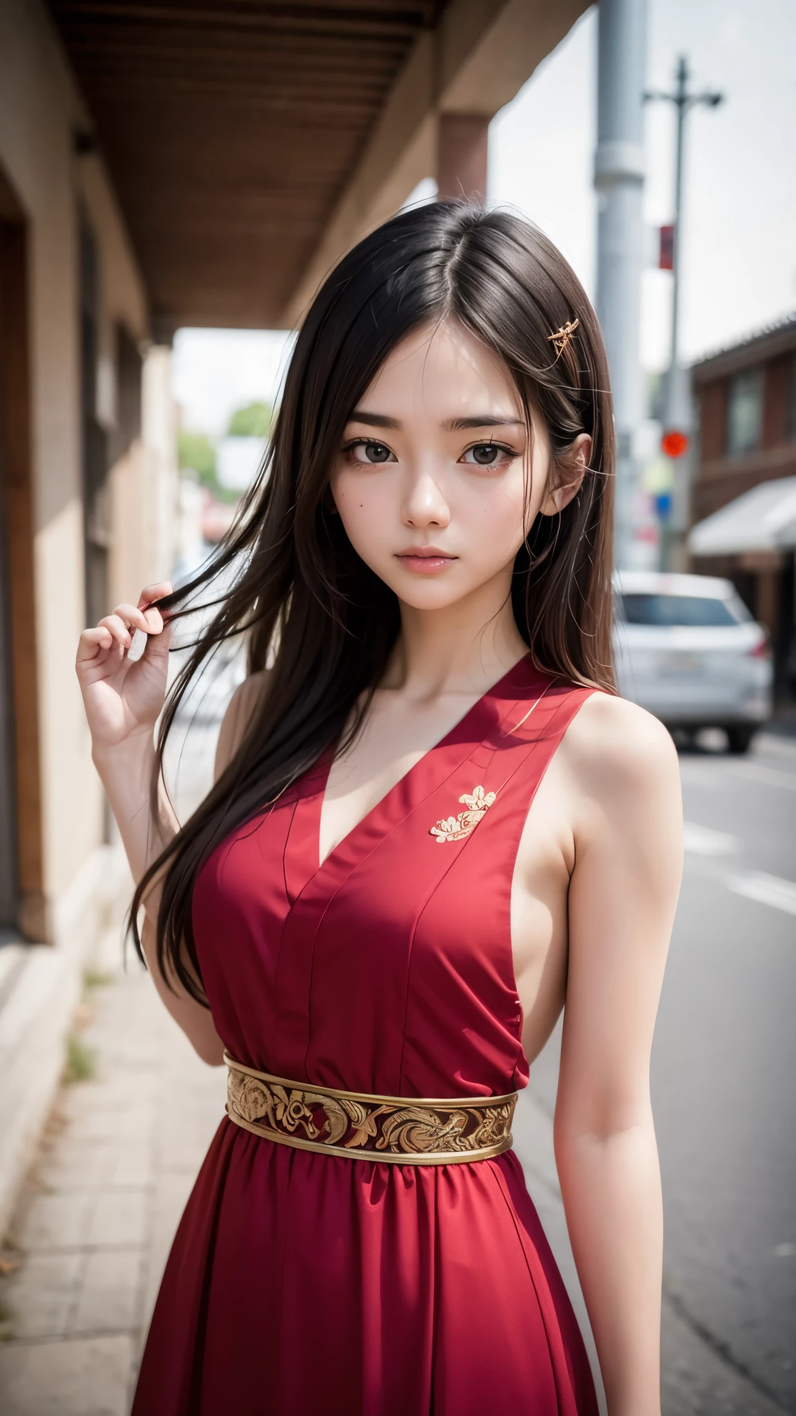 (masutepiece, Best Quality:1.5), 8K, 16year old, 85 mm, Official art, Raw photo, absurderes, violaceaess, gardeniass, Upper body, close up, Solo, Delicate girl, China dress, Street, Bokeh background, Looking at Viewer, natural, Candid, (Summer, Standing, sideshot:0.6), Sharp Focus, face lights, Eyes and faces with detailed