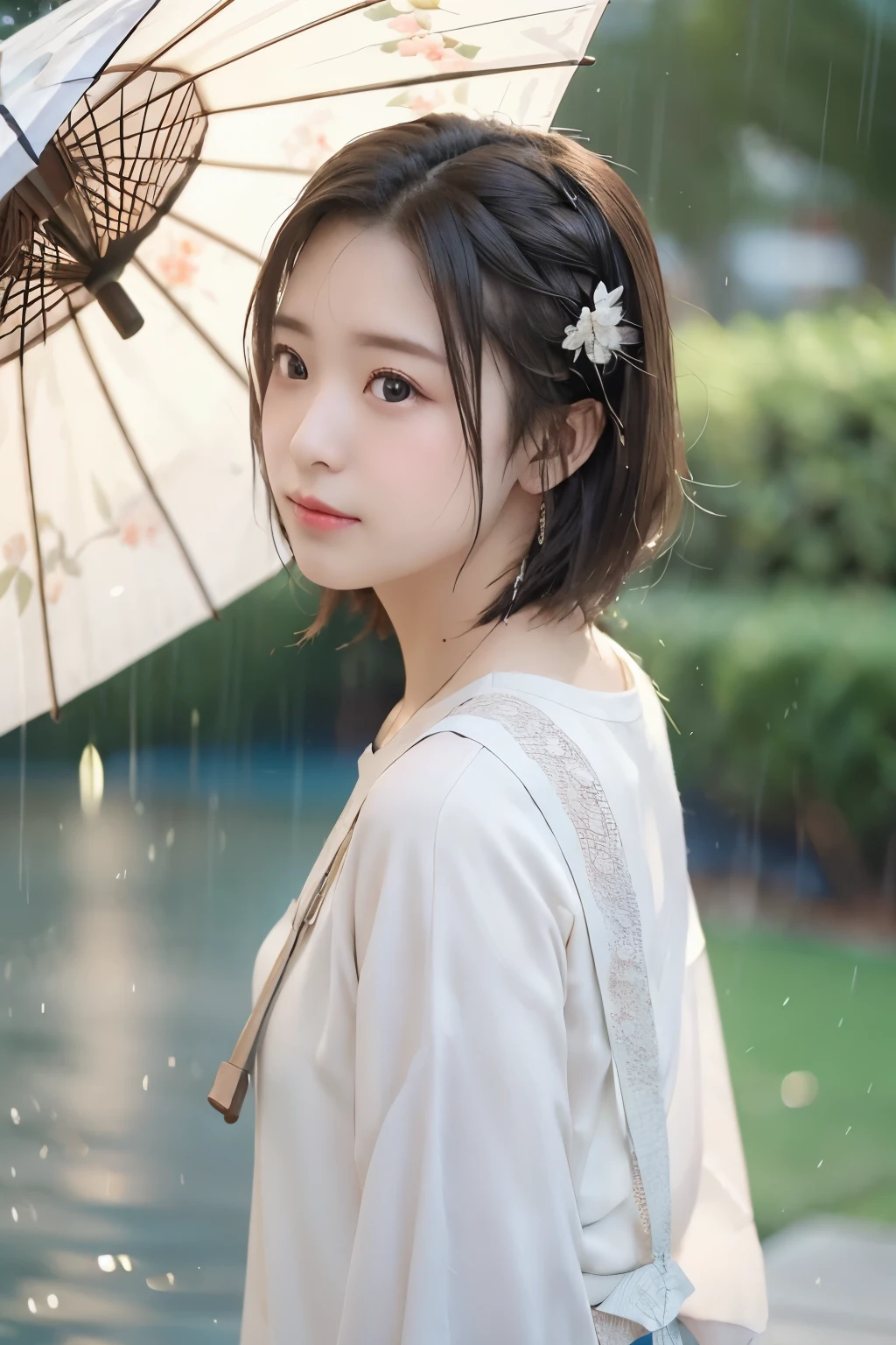 8K, RAW Photo, Best Quality, Masterpiece, Realistic, PhotoRealistic, Extremely Detailed 8K Wallpaper, Beautifully Detailed Eyes, Finely Detailed Face, 
 BREAK 
Cinematic Lighting, 
 BREAK 
Concentrated Heavy Guerrilla Rainstorming Waterpark in September:1.2, 
 BREAK 
Perfectly Anatomically Correct:1.2, 5 Beautiful Thin Finger:1.0, 
 BREAK 
1 Girl, Kawaii:1.3, (Hand Holding paper umbrella:1.3), 
Open Mouse:1.0, Light Smiling:1.0, 
(Very Short Bob Cut:1.2, Forehead:1.2), 
Symmetrical Clear Eyes:1.0, Captivating Eye Reflections:1.0, Chocolate Color Eyes, Wide-Set Eyes, Tareme, 
Embarrassed, Blush, (Round Face, Round Chin), [White Skinned], 
Brown Hair, Wet Hair, High-, 
(Wearing White T-shirt:1.0, Micro Denim Booty Shorts:1.0), 
[Beautiful Ideal Spherical Shape Buttocks:1.0, Medium Buttocks Upturned:1.0], 
[Lean Forward:1.0], 
Looking Back Viewer, [Soaked from Rain Water], 
 BREAK 
SFW:1.0, 
 BREAK 
(Low Angle Shot:1.2, Distant View:1.0), from Bellow, from Behind, from Right Side, Face Focus, Bokeh:1.2