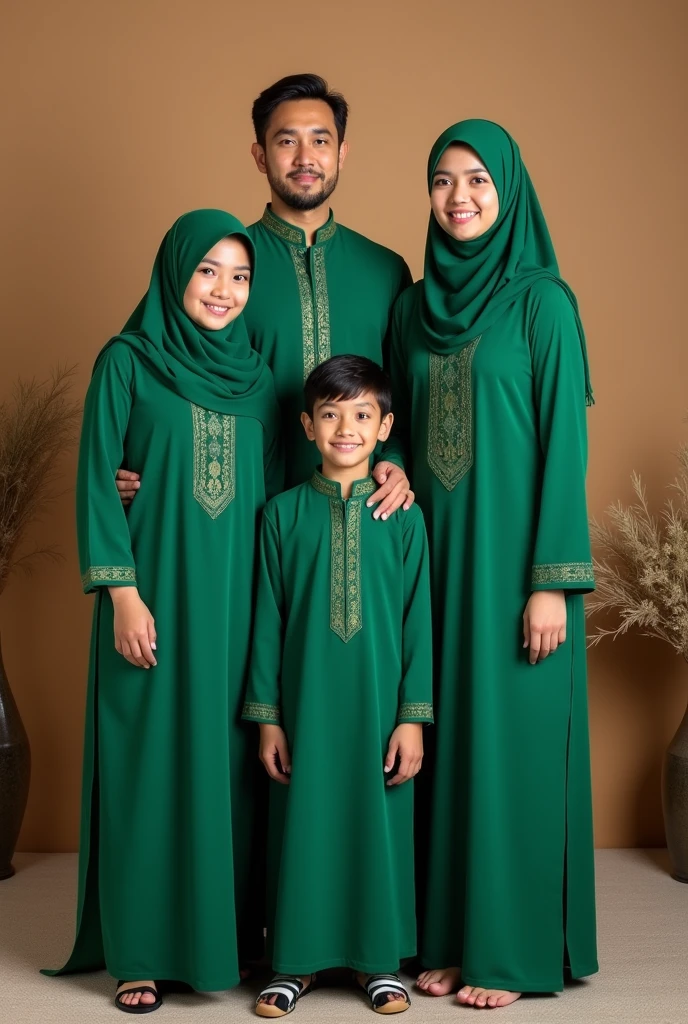 In a family room there are 8 people consisting of a father, mother, two older brothers, one older sister, one younger brother, and two younger sisters, they wear the same black Muslim clothing with floral and elegant patterns. 