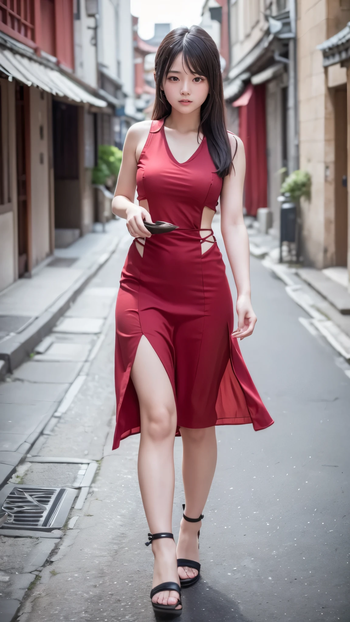 (masutepiece, Best Quality:1.5), 8K, ar old, 85 mm, Official art, Raw photo, (absurderes, violaceaess, gardeniass), full body, Solo, Delicate girl, ((more revealing sideless China dress)), Street, Bokeh background, (Looking at Viewer:1.2), natural, Candid, (Summer, Standing, sideshot:0.6), Sharp Focus, face lights, Eyes and faces with detailed, (detailed hands, 