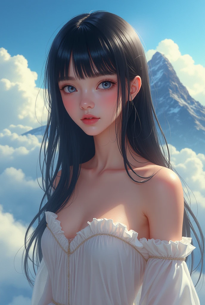 ((Top Quality)), ((Excellent)), (Details) ,((angel)),, Black hair, (Young face),((Straight hair)), Shiny hair, Girl,((Naked)), ((Big bust)),((Blue eyes)), Masterpiece, ((Nude)),((Close up)),((Highlights cleavage)), ((Topless)),Natural light, ((Sea of ​​clouds)), Straight hair, Blunt bangs, Outdoors, 1 girl, Stunning setting, Vibrant colors,((Mountain peak)), ((Small bust)), ((Topless)),((Naked)),