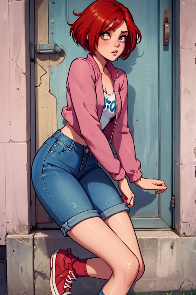 Will Vandom de W.I.t.c.H - cute sexy girl with short red hair, Pink jacket with short bottom and long sleeves, blue jeans pants, red converse shoes.