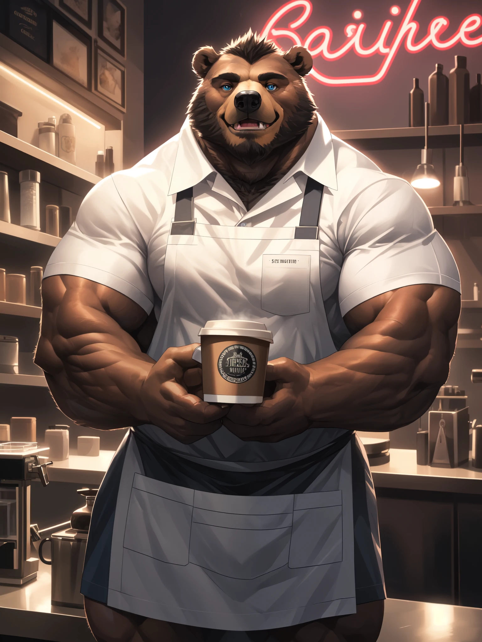 zebra, bara, heavy, male, young, hairy chest, kitchen background, sitting on chair, coffee mug, short grey hair, thick beard, sweaty, smirk, no clothes, anatomically correct massive equine cock and balls, (massive cum into coffee mug:1.45), by darkgem, change the color white to black and black to white.