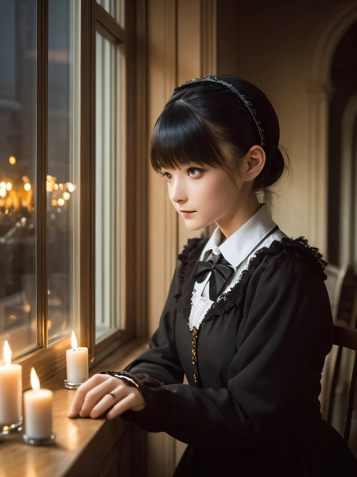 Night Cafe, girl, alone, Hime cut, Gothic & Lolita Fashion, Lolita Fashion, , head band, middle ages, European Castles, Different world, masterpiece,Warm Light, Romantic atmosphere, Candlelight, Cityscape seen through glass windows, 