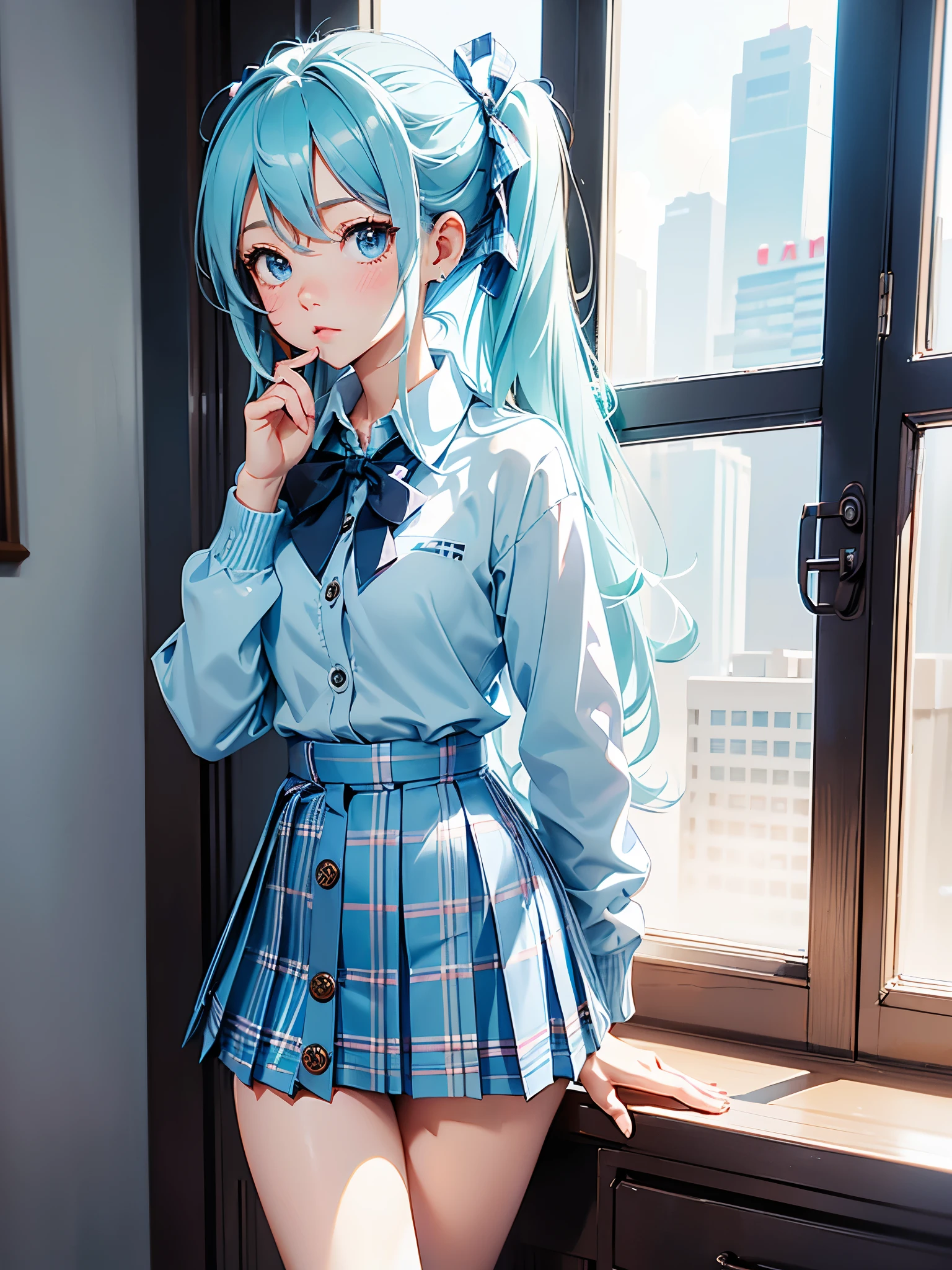 masterpiece, best quality,1girl, realistic, cyan hair, two long ponytails, blue eyes, school uniform, bangs,smiling, blurry background