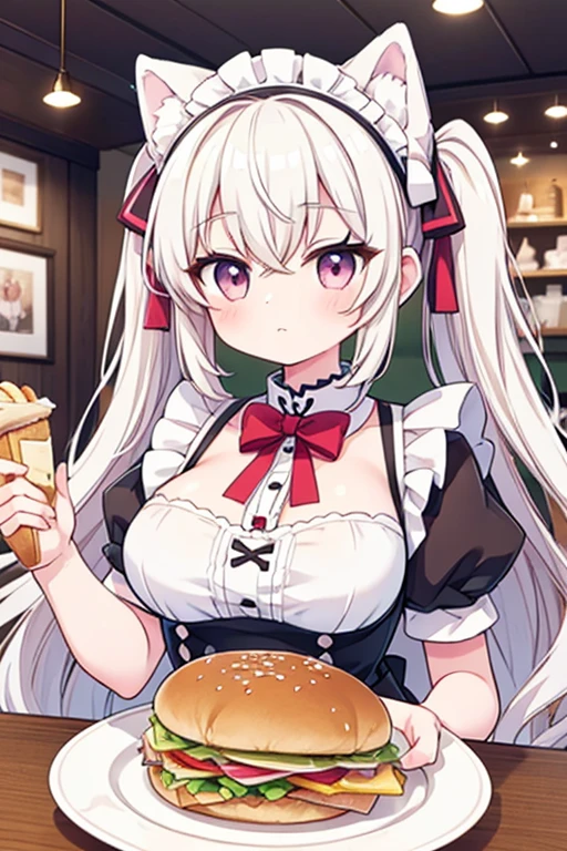 Highest quality,masterpiece,dogcafe,Girl clerk,Maid clothes,(Samoyed 1.3)Large Dogs,Anime Style,cute,Twin tail hair,Sandwich Serving,Large Breasts,