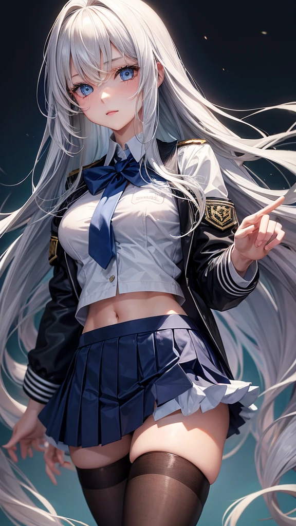 (Girl standing in a large office), Silver hair, Bangs, Blunt bangs, Long hair, braided ponytails, aqua eyes, longeyelashes, Solid Circle Eyes, makeup, Open mouth, blush, Parted lips, Bright pupils, smiley, Seductive smile, glint, surrealism, Modern,(( camouflage uniform、、a miniskirt))、)(On the shoulder is M.16Sniper rifle)Chiaroscuro, Chiaroscuro, depth of fields, One-person viewpoint, from behind, From Side, F/1.8, 135 mm, canon, nffsw, retinas, masutepiece, ccurate, Anatomically correct, Textured skin, Super Detail, high details, High quality, Best Quality, hight resolution, 1080p, hard disk, 4K, 8K、Front opening of white blouse、Black Mini Tight Skirt Full Body Angle、、Skyscrapers are hazy behind