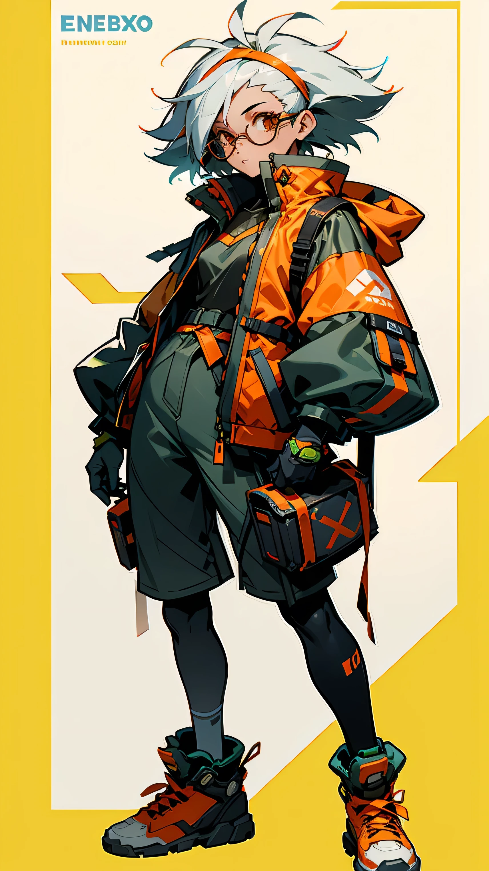 A girl, white hair, glasses, sneaker, orange sneaker, line-art, art book, design sheet, best quality, design, equipment design, cowboy bebop, geometry, wearing Yeezy fashion, magazine, illustrations