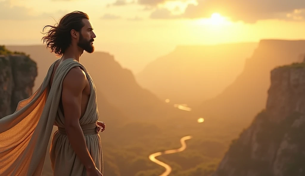 man in greek tunic climbing a mountain 2d