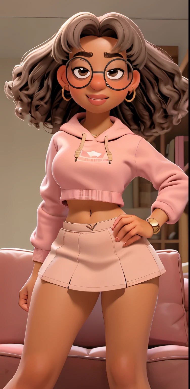1girl, ((solo)), curly brown and gray hair, glasses with round frames, dark eyebrows, brown eyes, pink lips, white crop top hoodie with pink short pink skirt, red laced panties , golden earrings, slight frown, brown skin, smiling expression, bending over on the sofa, ass up,big breast, under boob, thick thighs