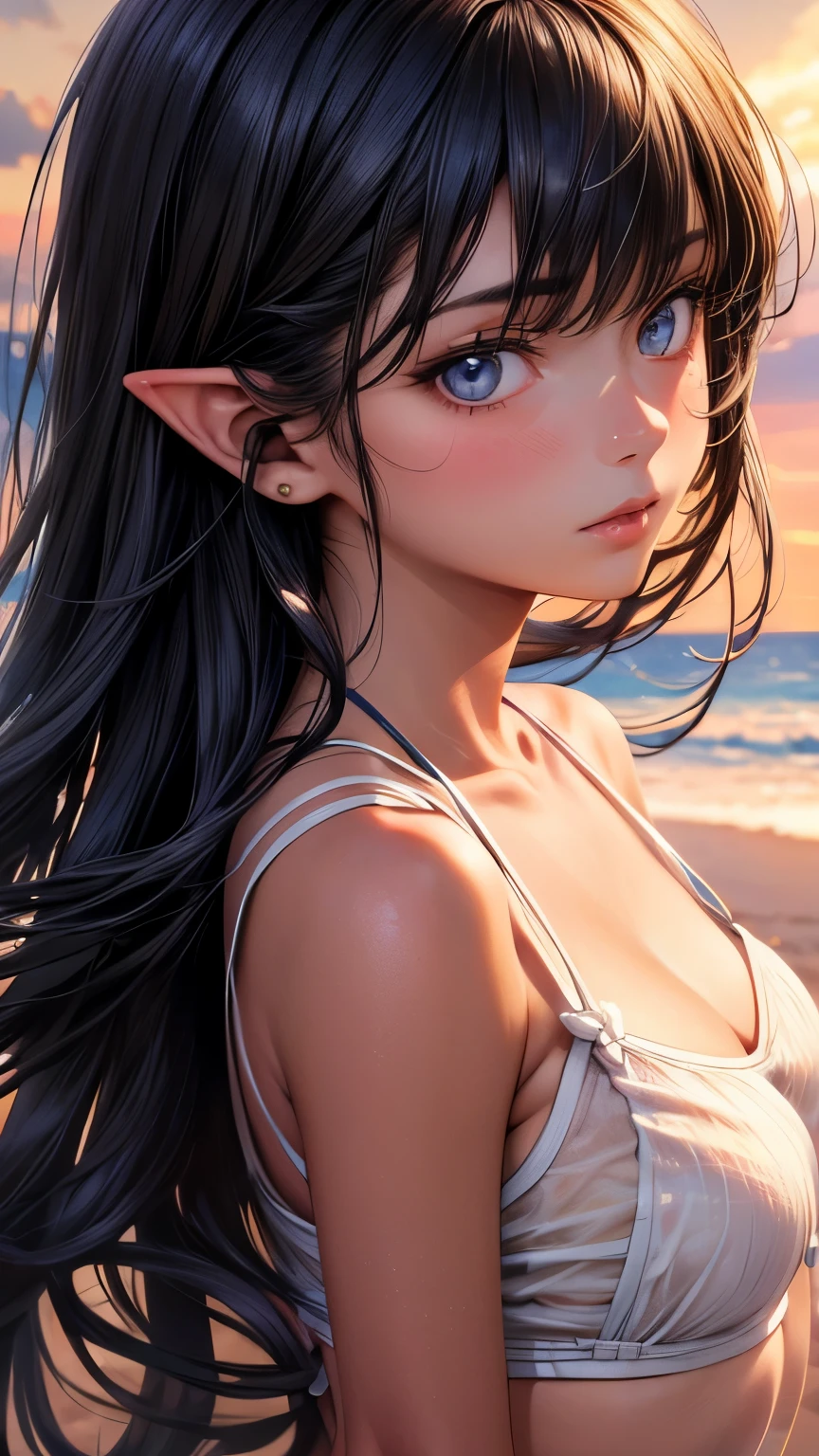 a beautiful anime girl with long black hair, blue eyes, pointy ears, timid expression, small breasts, outdoors, seaside, swimtan, one-piece tan, tanline, bikini, full body, belly, swimsuit tan, (best quality,4k,8k,highres,masterpiece:1.2),ultra-detailed,(realistic,photorealistic,photo-realistic:1.37),intricate details, extremely detailed face and eyes, soft lighting, warm color palette, cinematic composition