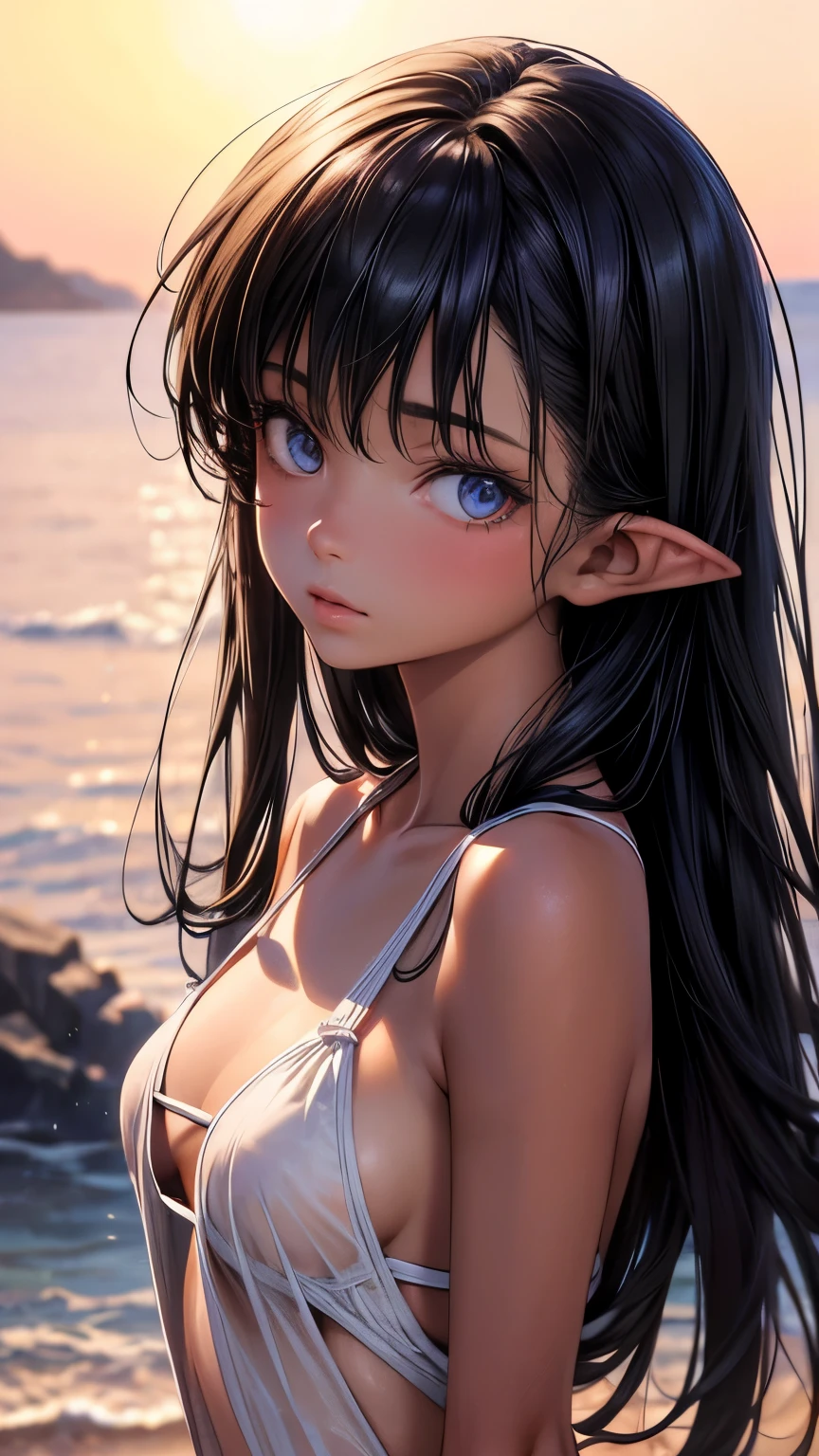 a beautiful anime girl with long black hair, blue eyes, pointy ears, timid expression, small breasts, outdoors, seaside, swimtan, one-piece tan, tanline, bikini, full body, belly, swimsuit tan, (best quality,4k,8k,highres,masterpiece:1.2),ultra-detailed,(realistic,photorealistic,photo-realistic:1.37),intricate details, extremely detailed face and eyes, soft lighting, warm color palette, cinematic composition