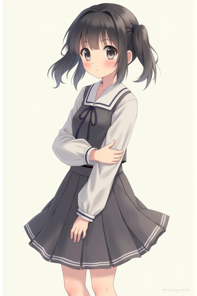 (High quality), (masterpiece), (very detailed), girl, (flat chest:1.6), short brown hair, purple eyes, shy face, primary school girl, white blouse, black skirt with pleats, (), showing her thighs, on the school yard, sunny, school girl, (sailor uniform), confessing his love towards the viewer, spectator looked under her, adorable eyes, (school uniform)