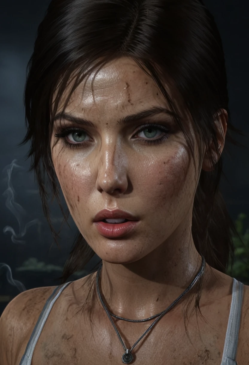 Lara croft as sexy nurse, beautiful detailed eyes, beautiful detailed lips, extremely detailed face and skin, long eyelashes, smoking a cigarette, medium shot, cinematic lighting, dramatic shadows, moody colors, dark and gritty, photorealistic, hyper detailed, 8k, best quality, masterpiece