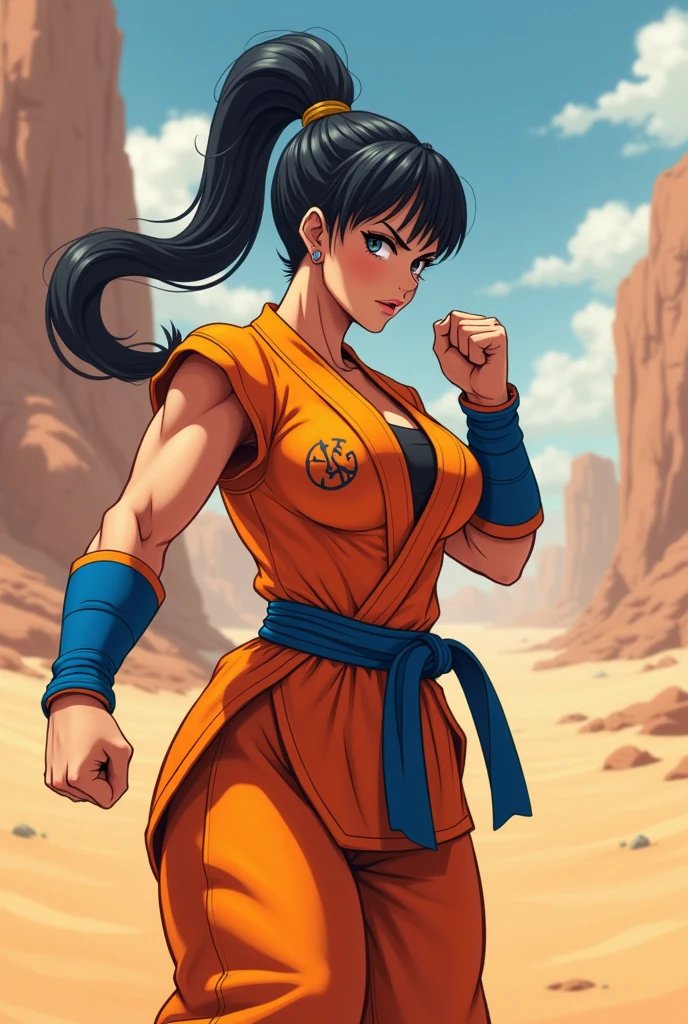 ((masterpiece, best quality)),(complex light), 1female,solo,upper body, goku,black hair,black eyes, smile, Huge breasts, Huge ass, wide hips, curvy, thin waist, orange and blue gi, blue martial arts belt, (torn clothes:1.2), solo girl, armpits, arms up, back veiw, looking from the behind,  view from behind, huge ass 