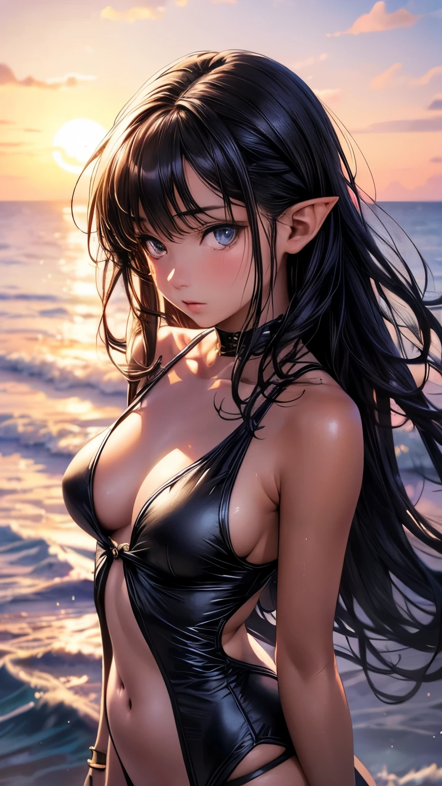 a beautiful anime girl with long black hair, blue eyes, pointy ears, timid expression, small breasts, outdoors, seaside, swimtan, one-piece tan, tanline, tan, bikini, full body, belly, swimsuit tan, (best quality,4k,8k,highres,masterpiece:1.2),ultra-detailed,(realistic,photorealistic,photo-realistic:1.37),intricate details, extremely detailed face and eyes, soft lighting, warm color palette, cinematic composition