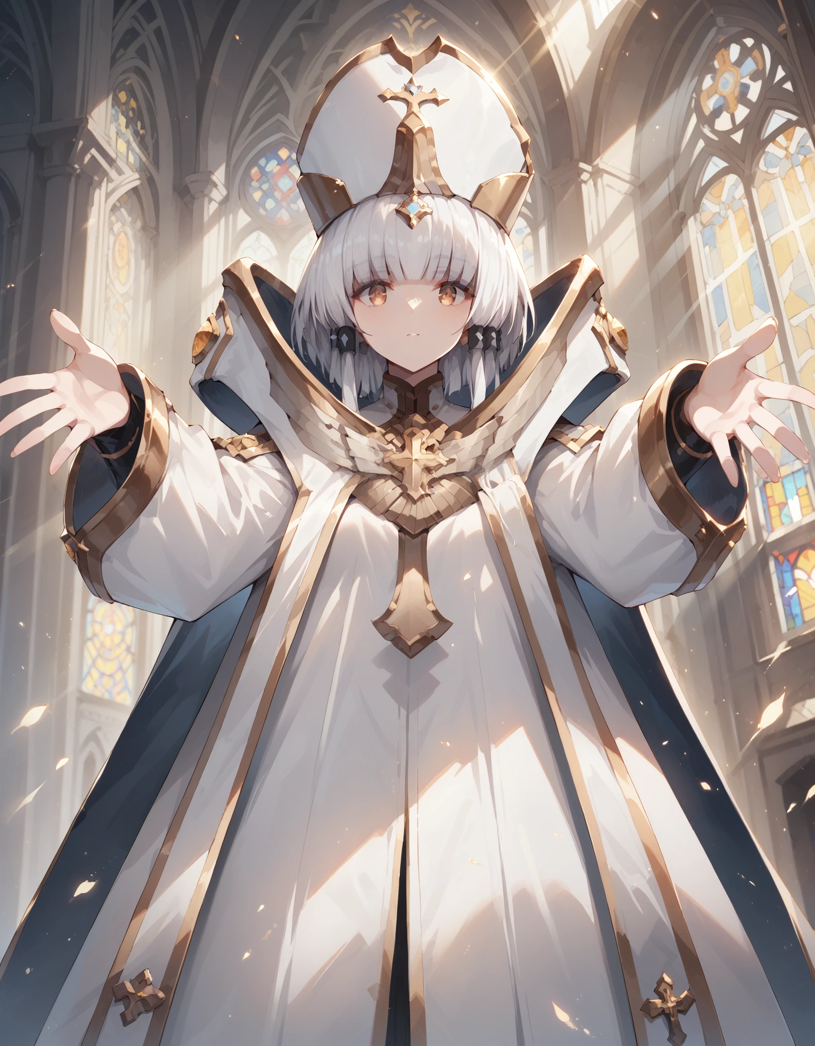 score_9, score_8_up, score_7_up, source_anime, 1girl, solo, looking at viewer, indoors, church, from below, outstretched arms, arcana, white hair, gold eyes, blunt bangs, hair tubes, short hair, long locks, white headwear, cape, white sleeves, long sleeves, cross, jewelry, forehead jewel, rays of light fall from above, giving the painting an atmosphere of divinity, full body, a little bit more mouth, big expressive mounth, all fingers are visible, bare walls