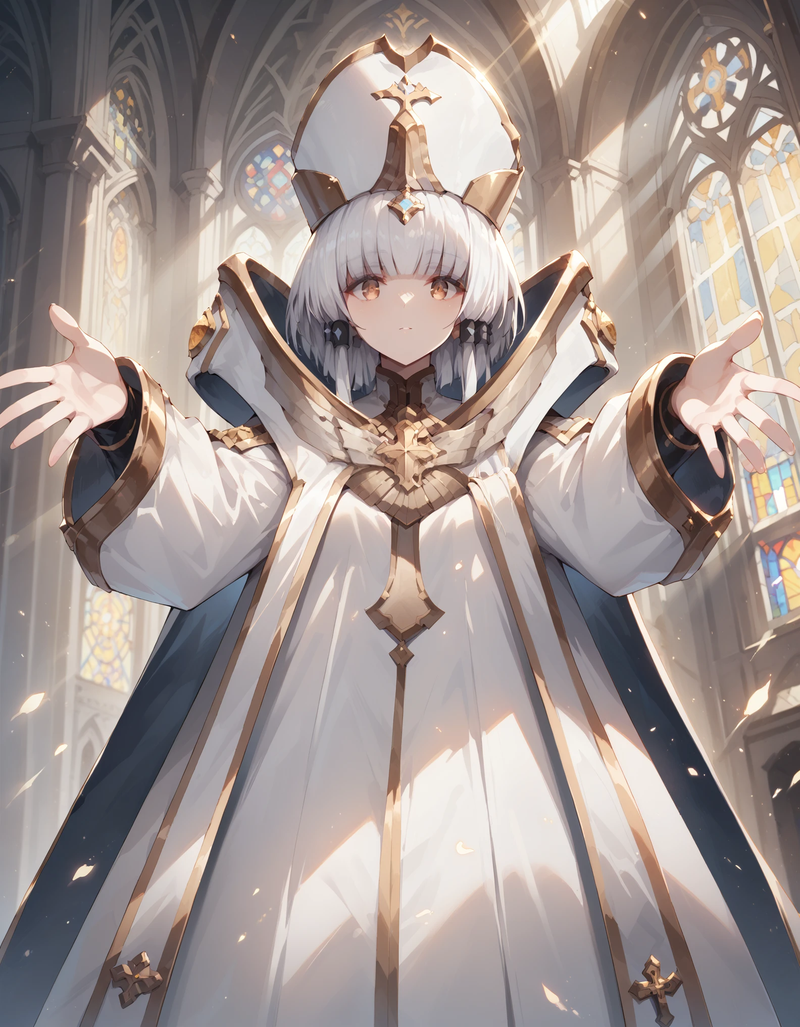 score_9, score_8_up, score_7_up, source_anime, 1girl, solo, looking at viewer, indoors, church, from below, outstretched arms, arcana, white hair, gold eyes, blunt bangs, hair tubes, short hair, long locks, white headwear, cape, white sleeves, long sleeves, cross, jewelry, forehead jewel, rays of light fall from above, giving the painting an atmosphere of divinity, full body, a little bit more mouth, big expressive mounth, all fingers are visible, bare walls