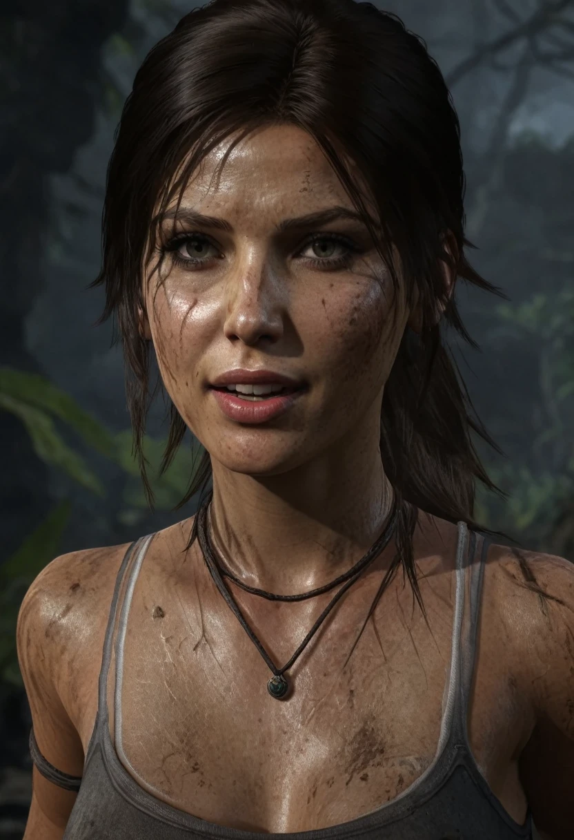 Lara croft with a dirty face, beautiful detailed eyes, beautiful detailed lips, extremely detailed face and skin, long eyelashes,mysterious smiling, full shot, cinematic lighting, dramatic shadows, moody colors, dark and gritty, photorealistic, hyper detailed, 8k, best quality, masterpiece