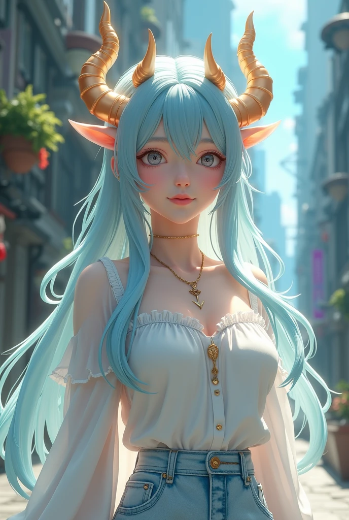a young woman with blue hair and goat horns