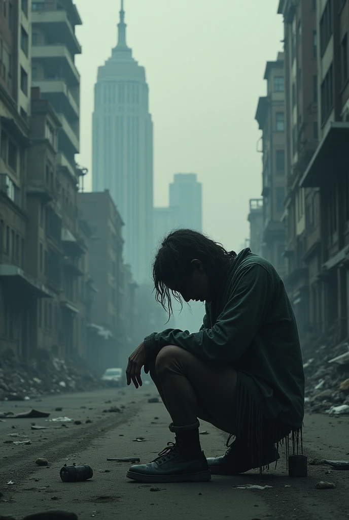 Ultra-realistic depiction of a man sitting sadly, Agonia, ((dried tear drops)), messy and curly hair, rosto empoeirado e pano,(( A destroyed city in the background, fire, ((Human corpse on the ground)), Some people are crying, destroyed building)), uma borboleta senta-se no dedo indicador, (((She's looking at the butterfly and a little smiling))), hiper detalhado, Dynamic color, tom preto e cinza, imagem super emocional, Set in a frighteningly dark setting and surrounded by dark and turbulent smoke. A imagem deve estar em um cativante 3:Formato 4."