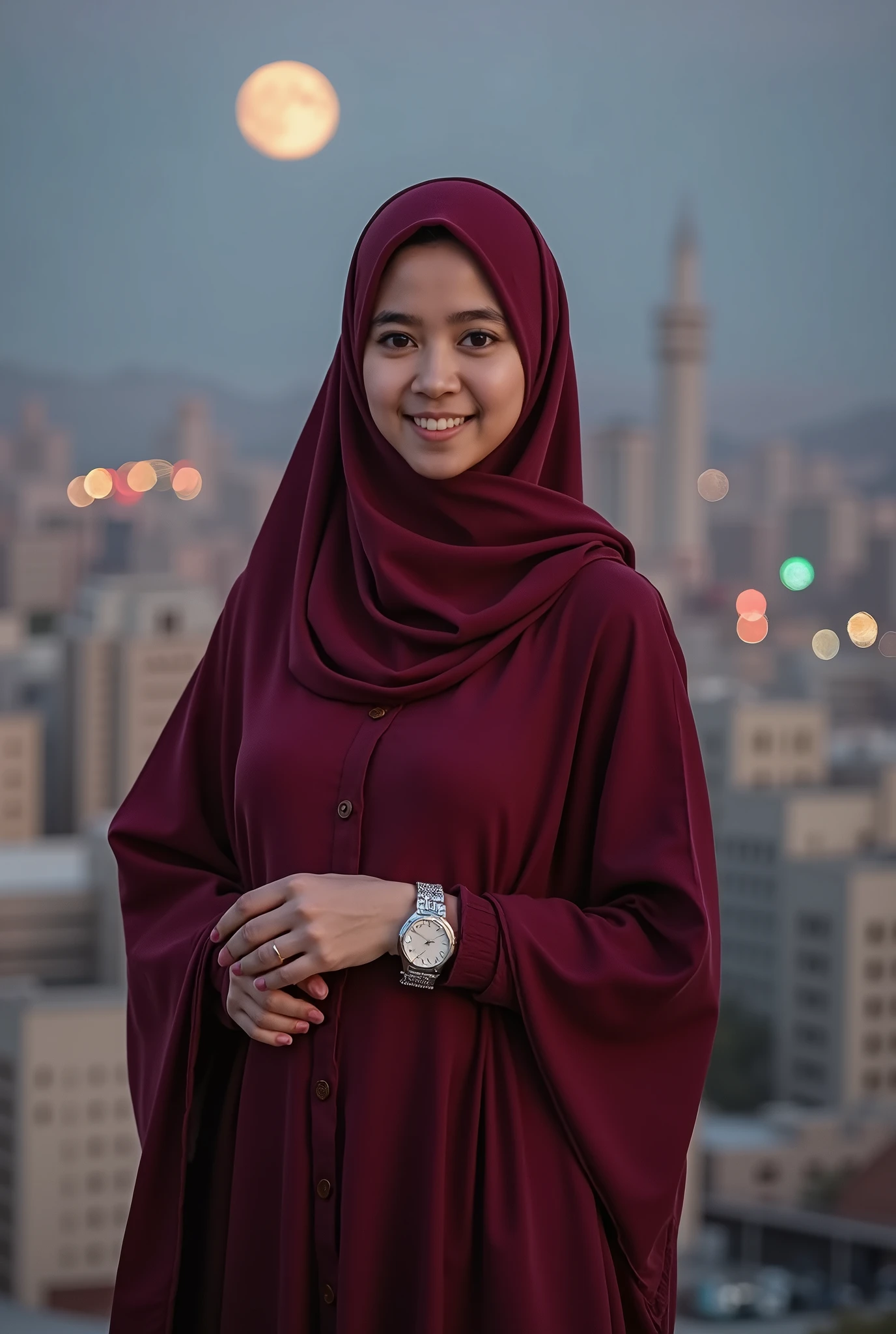 ((full body shot:0.8)), chubby, wearing hijab, ((white hijab)), ((black red baju kurung)) , slightly open cleavage, big breast, long eyelashes, solid circle eyes , long legs, light smile, Surrealism, drop shadow, anaglyph, stereogram, tachi-e, pov, atmospheric perspective, 8k, super detail, accurate, best quality, high details, accurate, anatomically correct, night city background