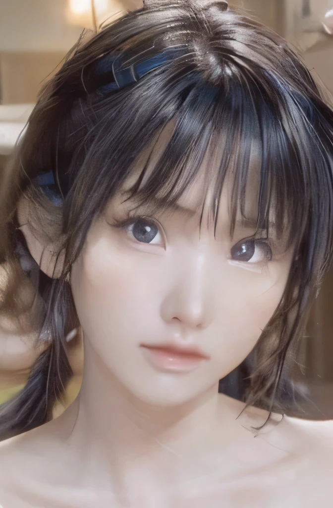 (((best quality))),(((nsfw))),1 woman,slender face,(arms behind)),Black Hair,Brown Eyes,medium hair,straight hair,looking at viewer,(orgasm face:1.5),bed room,on the bed,small breasts,(((Completely naked))),2,No pubic hair,Height: 160cm,erect nipples,(cum in Pussy),bangs,((full body))
