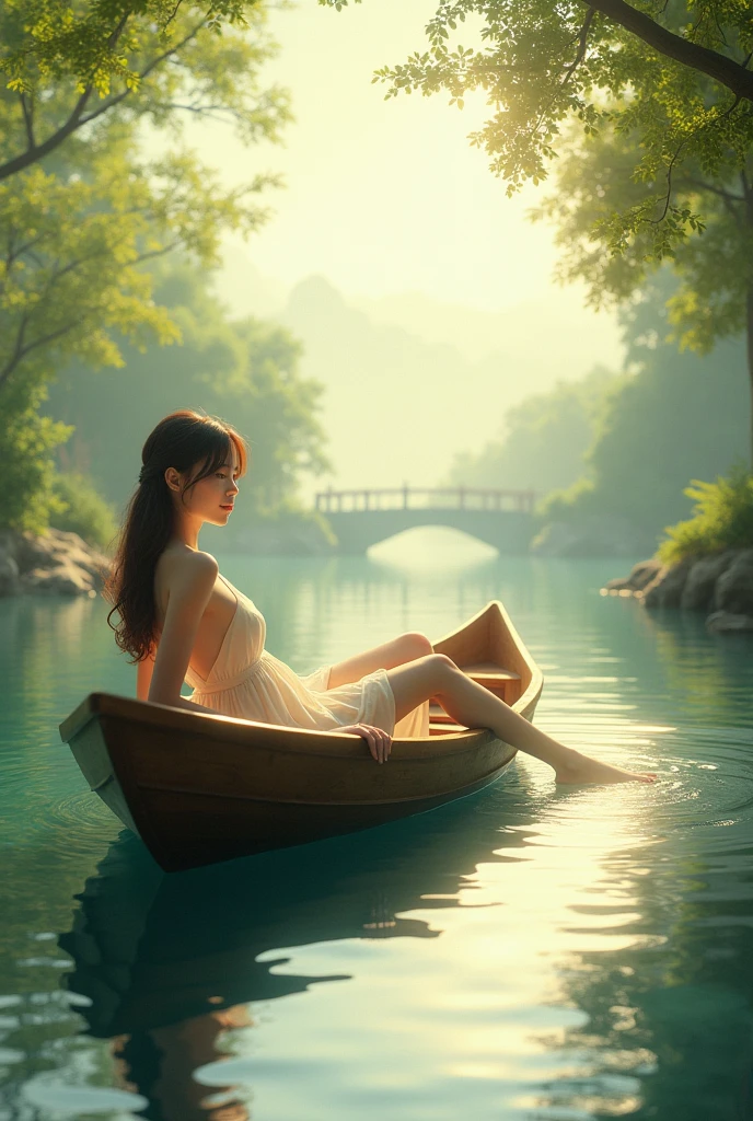 A small woman stands naked by the lake and plays the saxophone 