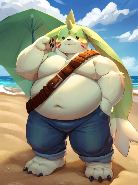 Gargomon(Digimon)、,Very very tall、Thick animal-like legs、cheeks with fat、Thick arms、Huge torso、Thick neck、Thick neck、Sharp Claws、feet covered in fat, Thick twisted horns, At the Beach, There is a belt on the left shoulder, Wearing pants、My pants are very bulging