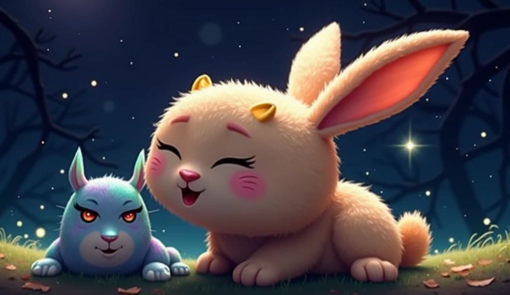 Eyes closed Colorful rabbit with horns in a magical forest,Soft pastel ...