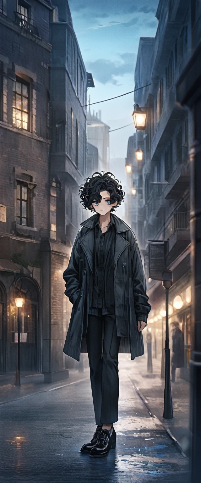 Perfect face, Messy hair，（（whole body，leather shoes））, Black curly hair，short hair, Oil pastel style, tired, Chic atmosphere, Dim street lights in the background, --Rainbow 5, 4K