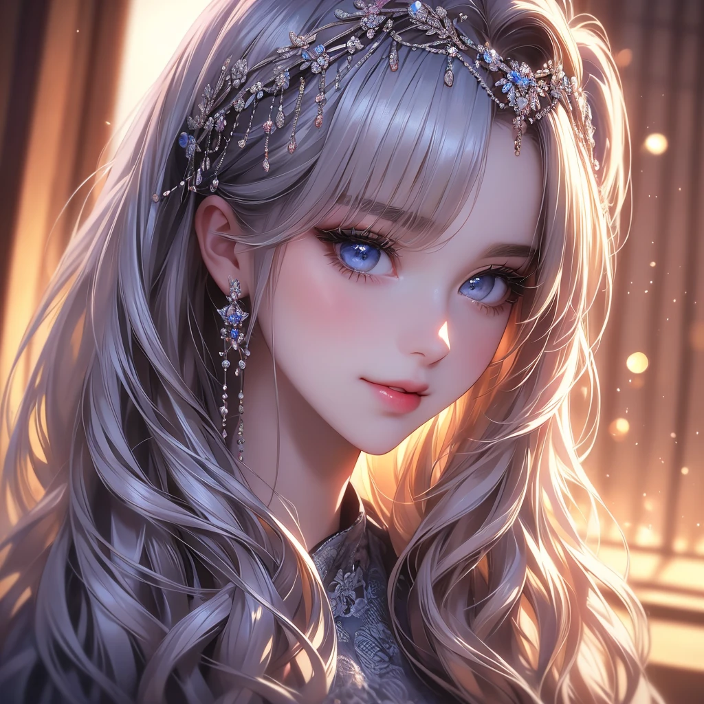 a girl with beautiful detailed eyes, beautiful detailed lips, extremely detailed eyes and face, long eyelashes, looking at viewer with loving eyes, romantic effect, romantic atmosphere, shoji, sliding doors, solo, red corset, smile, tatami, blur, looking at viewer, upper body, hair accessory, hair tie, twintails, bangs, depth of field, long silver hair, 4k, 8k, highres, masterpiece, ultra-detailed, realistic, photorealistic, HDR, UHD, studio lighting, ultra-fine painting, sharp focus, physically-based rendering, extreme detail description, professional, vivid colors, bokeh, portrait