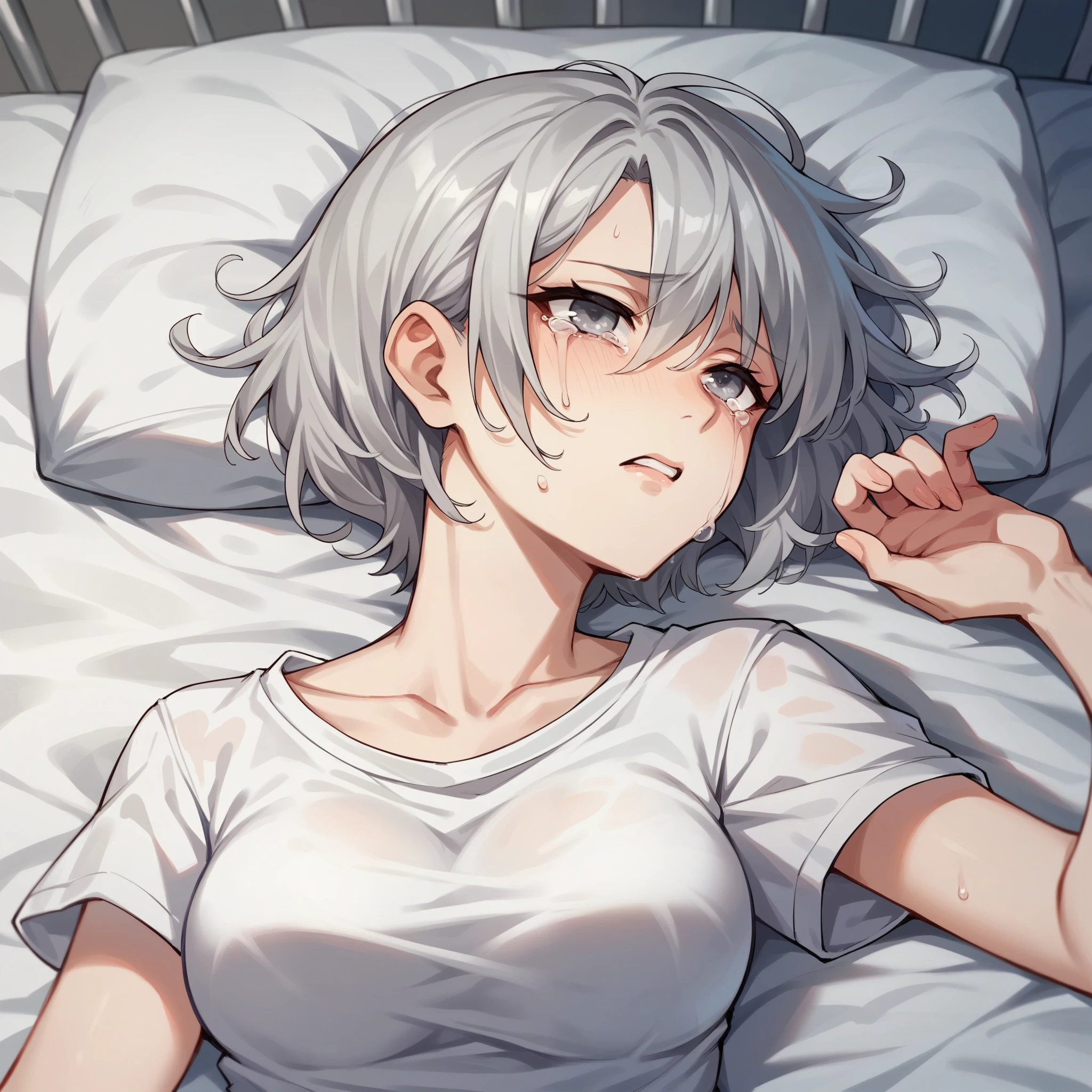 1girl huge large breasts,with short white hair,vests,sweat shorts,Be red in the face,Lie flat on a white bed,Small chest,anguished expression,Open-mouthed,Stained with water