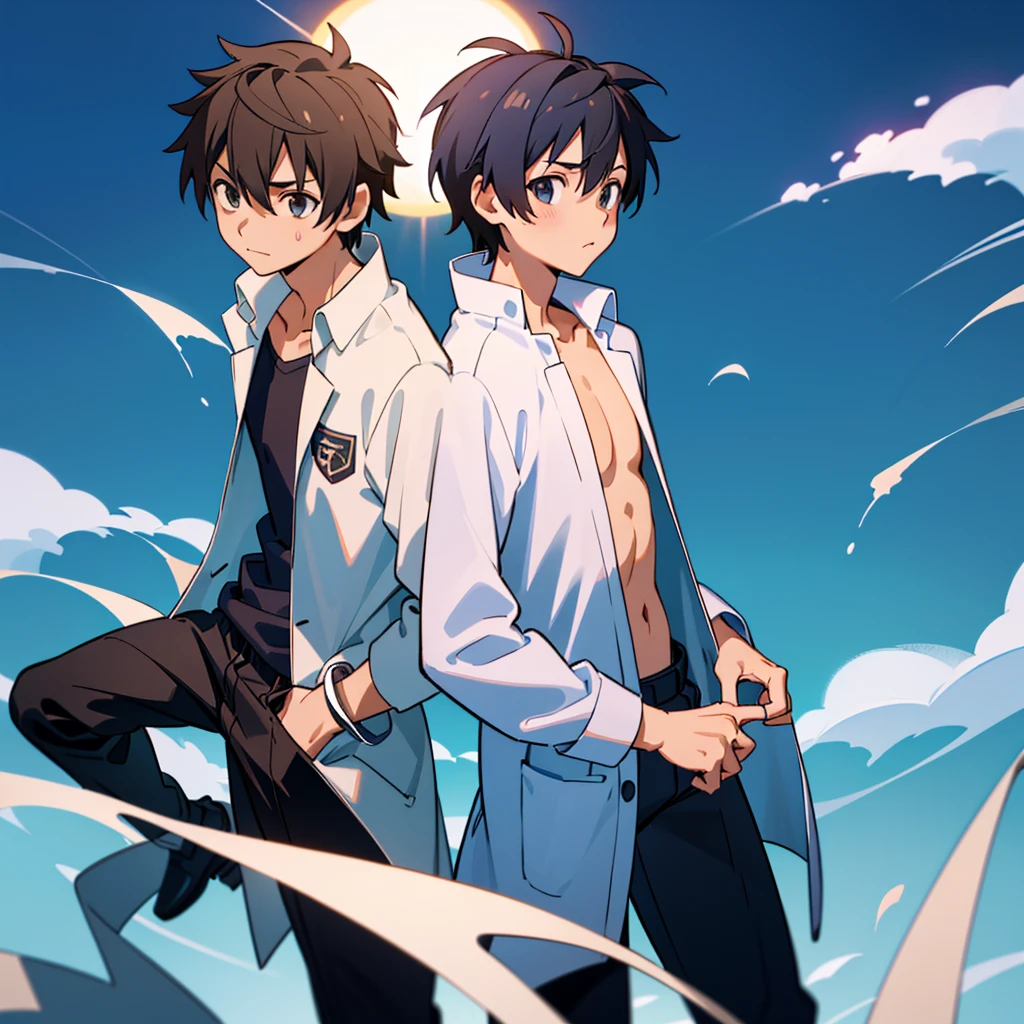 personajes de anime parados frente a una luna llena con un fondo de cielo, makoto shinkai y (cain kuga), makoto shinkai y artgerm, makoto shinkai y bioware, yusuke murata y makoto shinkai, sakimichan y makoto shinkai, Dos hombres guapos anime, guweiz y makoto shinkai