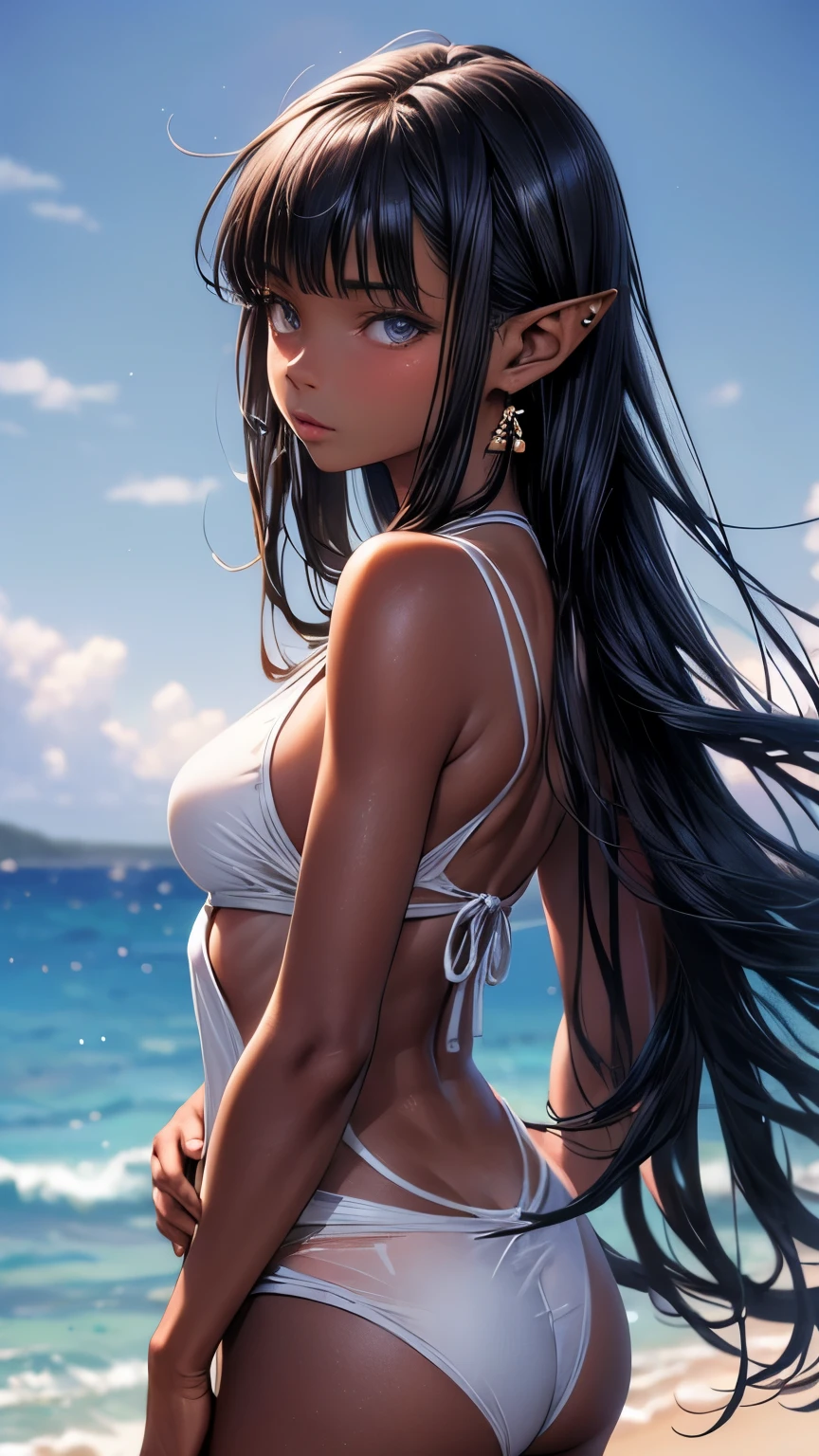 a beautiful anime girl with long black hair, blue eyes, pointy ears, timid expression, small breasts, outdoors, dark skin, seaside, swimtan, one-piece tan, tanline, tan, bikini, full body, from back, belly, swimsuit tan, (best quality,4k,8k,highres,masterpiece:1.2),ultra-detailed,(realistic,photorealistic,photo-realistic:1.37),intricate details, extremely detailed face and eyes, soft lighting, warm color palette, cinematic composition