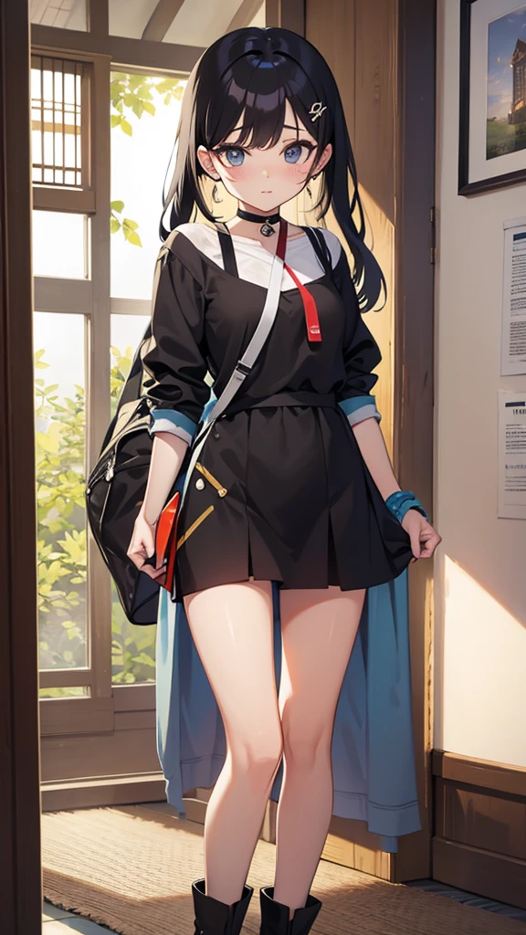 Black hair, black lence stockings, Japanese schoolgirl uniform, surrealism, 8K, Super detail