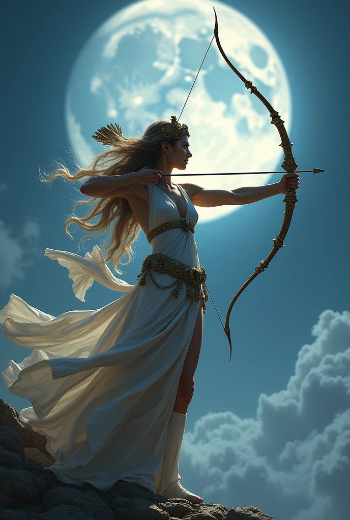 Special version of Artemis goddess light with a bow and arrow on her back riding a servant alien version