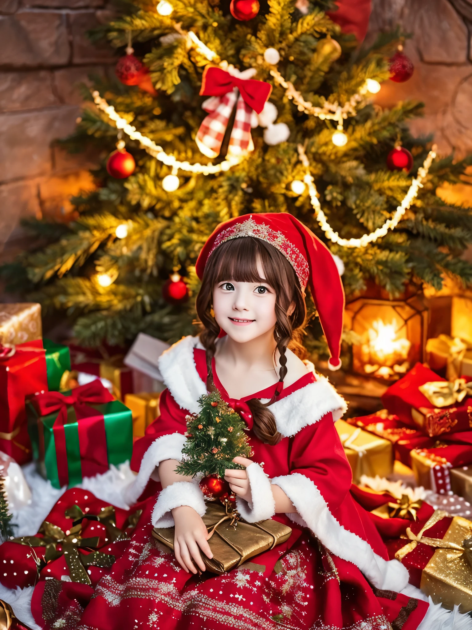 girl BLONDE CHILD, EM ROUPAS DE Natal COM LUZES DE Natal COLORIDAS, AND IN THE BACKGROUND A CHRISTMAS TREE