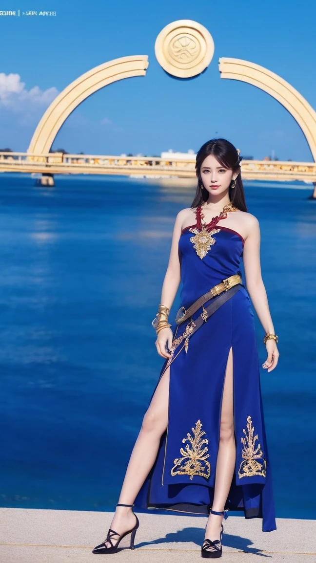 Medium display, Medium Shot, Written boundary depth,Are standing、（Photograph the whole body）, Movie angle, masterpiece, Highest quality, Very detailed, CG, 8k wallpaper, Beautiful Face, Delicate eyes, Otome, alone, smile, have, Cobalt blue dress with gold trim, High heels、Blue sky background