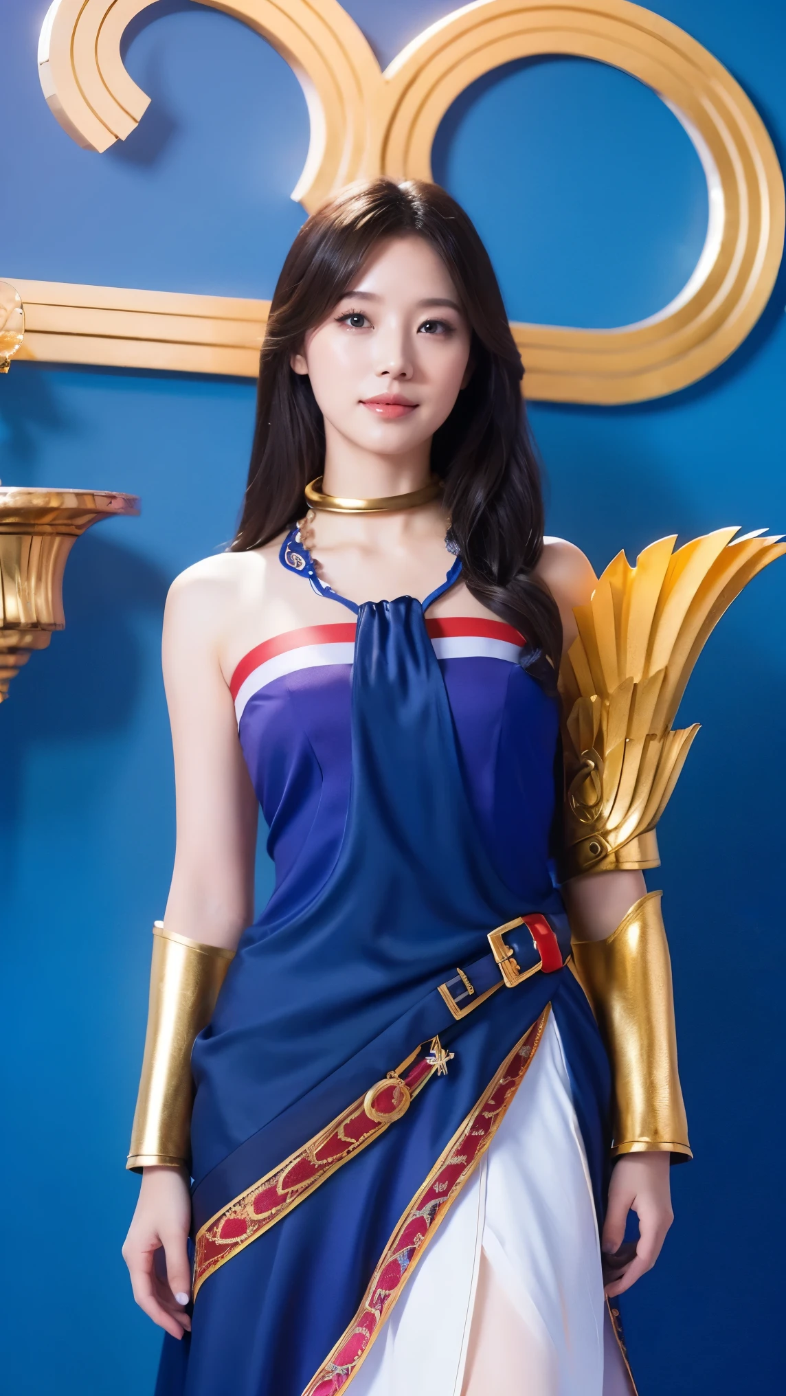 Medium display, Medium Shot, Written boundary depth,Are standing、（Photograph the whole body）, Movie angle, masterpiece, Highest quality, Very detailed, CG, 8k wallpaper, Beautiful Face, Delicate eyes, Otome, alone, smile, have, Cobalt blue dress with gold trim, High heels、Blue sky background