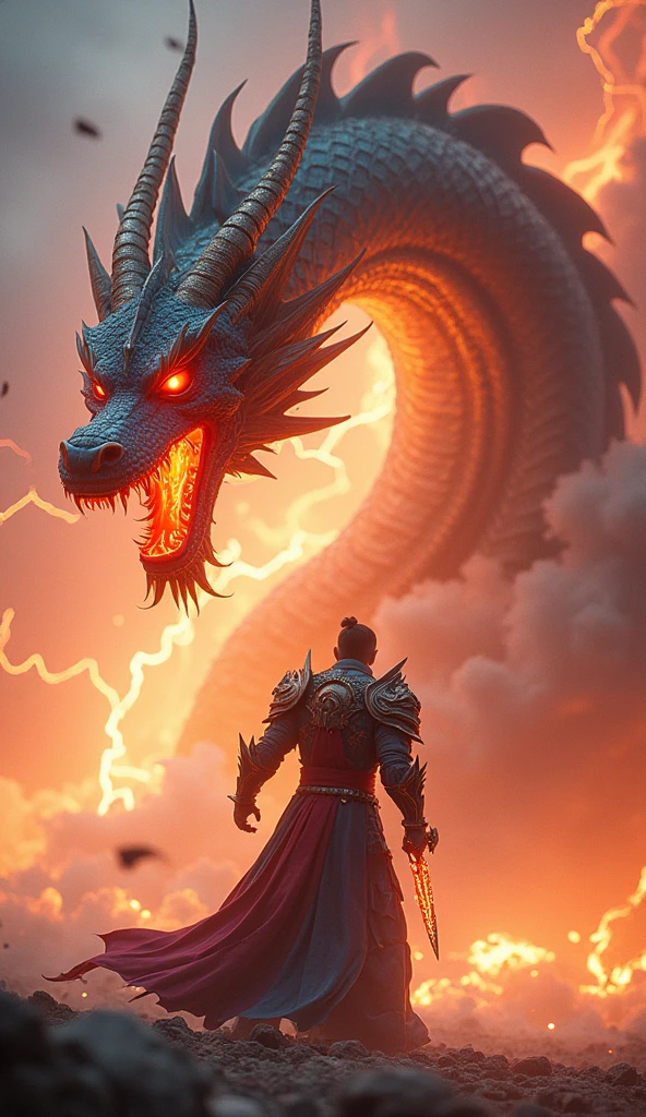epic landscape where a colossal dragon looms out of the stormy sky, with huge red flames comes up of its mouth. Its scales are armored plates of ancient design, and its mane of sharp spines crests magnificently along its neck. At the mountain pass below, a lone figure carrying sword cloaked in a flowing robe stands resilient, facing the beast. The silhouette of the figure is backlit by a sliver of light piercing the horizon, which casts an ethereal glow over the rugged terrain. The dragon's breath swirls around it, mingling with the clouds, as the ground is littered with jagged rocks. This scene is a clash of legends, a moment captured in the timeless dance of human versus myth.
