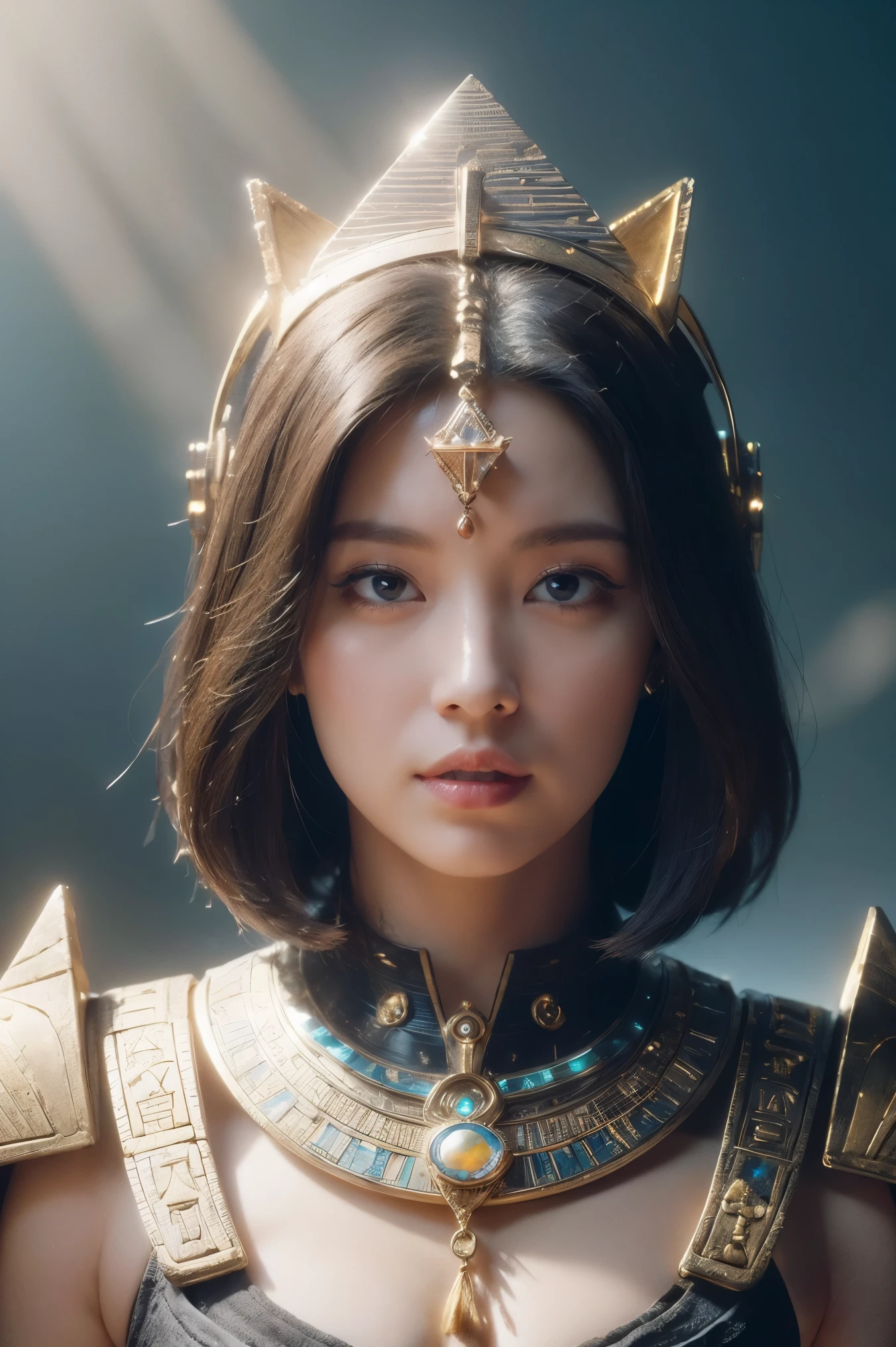 ((Highest quality、8k、masterpiece:1.3))、Photorealistic, Sharp focus, high resolution, High resolution, Portraiture, One person, woman, beautiful woman, sexy、古代エジプトを歩くエジプトのwoman戦士、Complex technology, Pyramids and ancient Egyptian cities far away、cyber-、Light and shadow、Cyan Light、